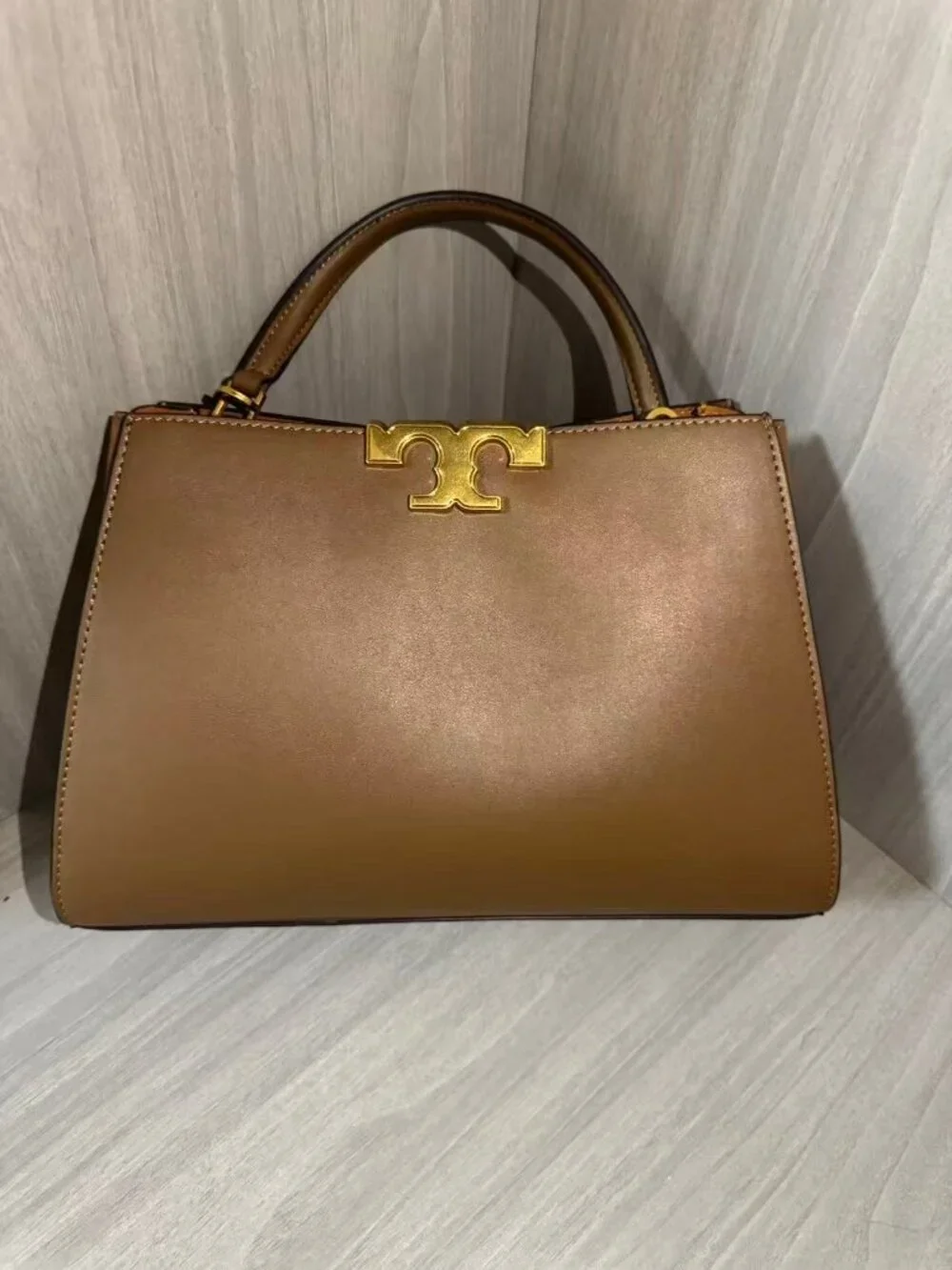 Tory Burch Taupe Smooth Leather Top‑Handle Satchel Gold‑Tone Logo Lock Handbag